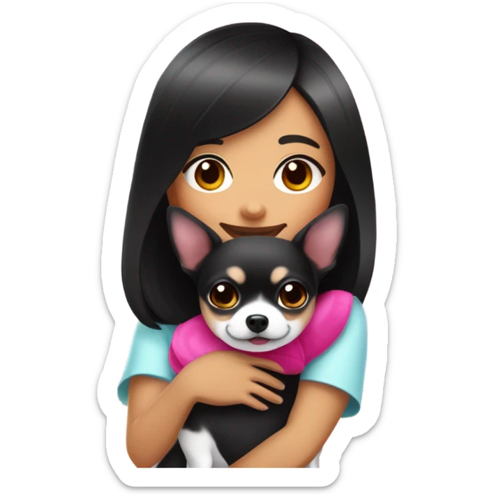 Thick medium black hair with hot pink smile and pink cheek Filipino lady hugging black and white Chihuahua  sticker