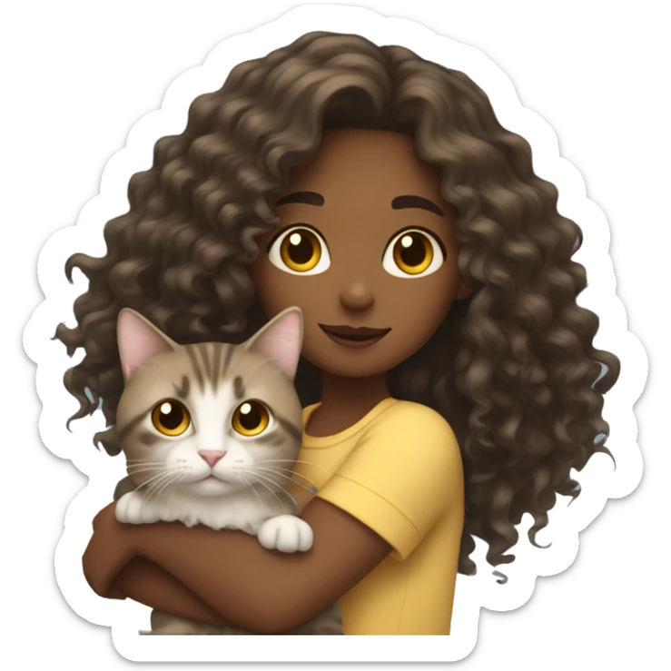 Girl with long curly hair holding cat  sticker