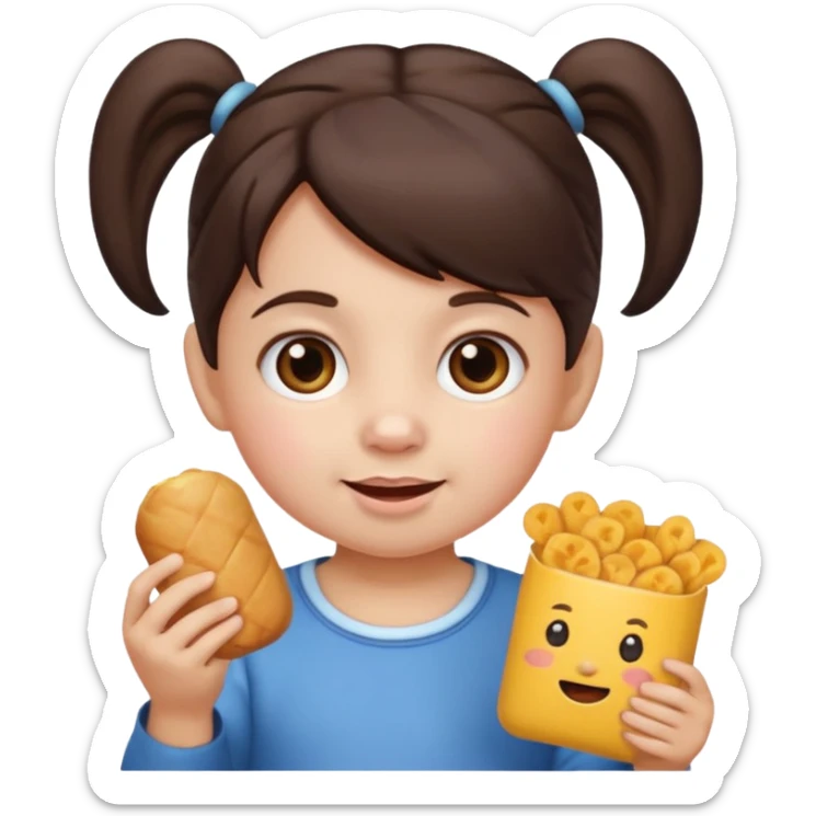 Toddler emoji with two pigtails dark brown hair, fair skin, holding snacks sticker