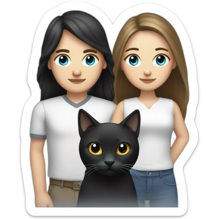 white female with blue-gray eyes and long hair with white male with dark long bob hair and brown eyes holding black cat sticker