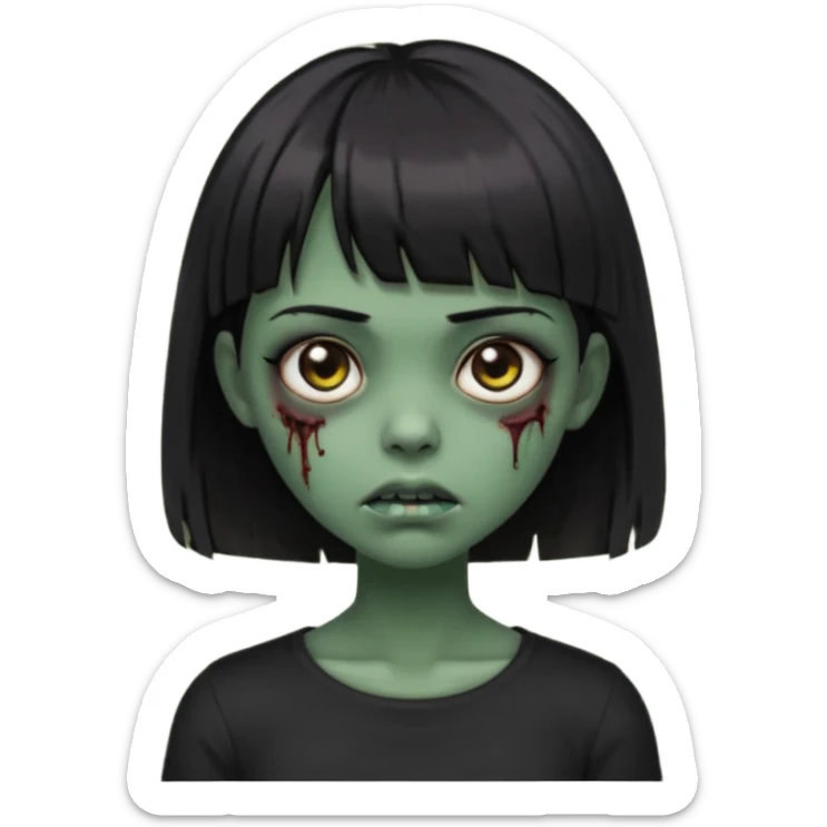 Zombie girl emoji verde escuro com cabelo curto liso preto no ombro e franja na altura da sobrancelha cobrindo completamente a testa, com uma blusa preta, olhos castanhos escuros sticker