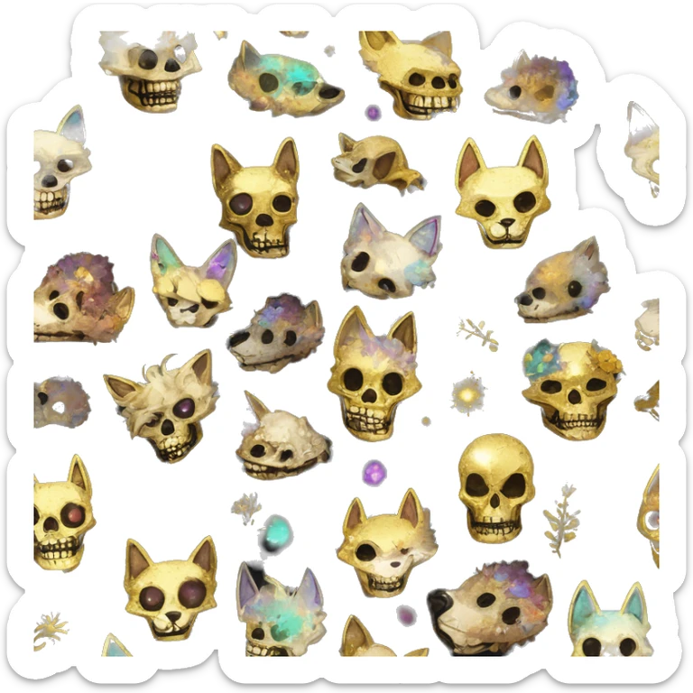iridescent kintsugi fluffy zombie black brown gold dog fox head zombie skull skeleton gold mechanical nebula galaxy stars colorful flowers fairy lights vintage zombie sticker