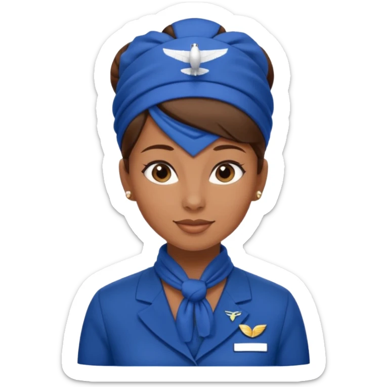 Brown tan skin flight attendant, brown hair in a bun, blue uniform, blue scarf sticker