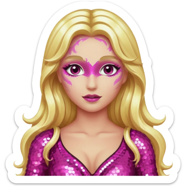 Venus, Love Goddess with metallic pink skin, long blonde hair, dark pink sequin outfit sticker