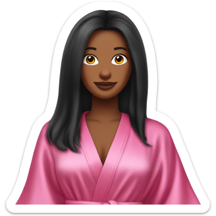 Tanned woman with long black hair wearing a silk pink Victoria’s Secret robe sticker