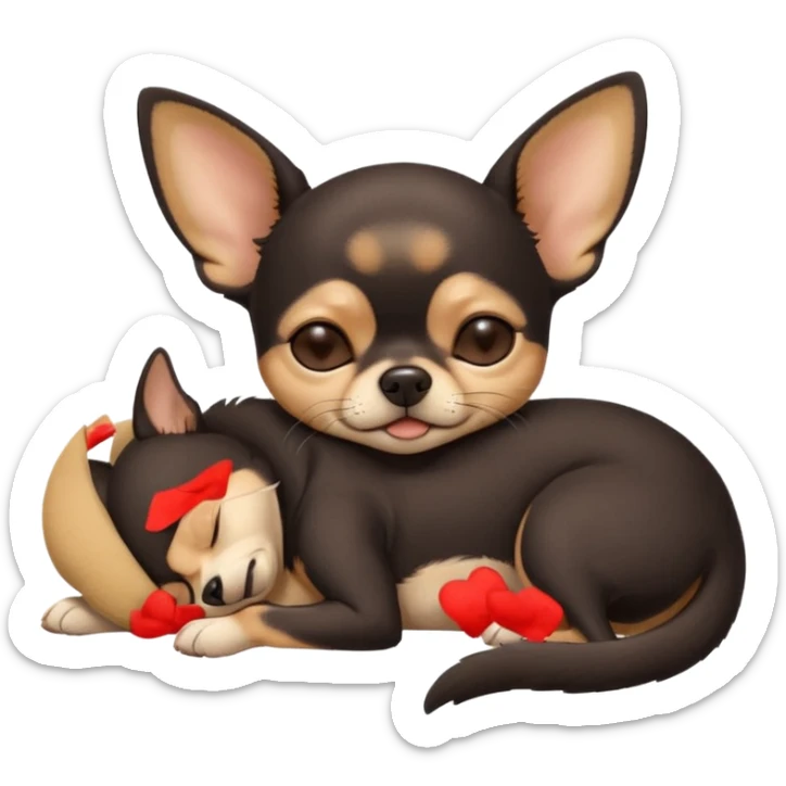 A high-resolution photo-realistic digital illustration of a cute  black and tan chihuahua with eyes closed shut sleeping lazily on the ground sticker