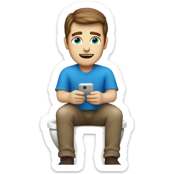 White man with brown hair and blue eyes sitting on the toilet holding a phone sticker
