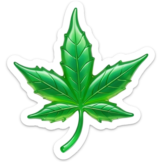 glossy green gusher gummy in the shape of a weed leaf with a bite taken out and liquid center visible sticker