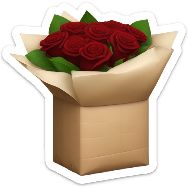 Bouquet of red roses in a burgundy package sticker