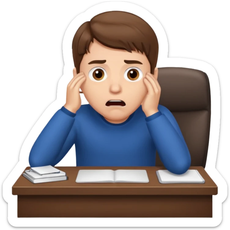 A white man with brown hairs, white skin,  sits at his desk in shock sticker