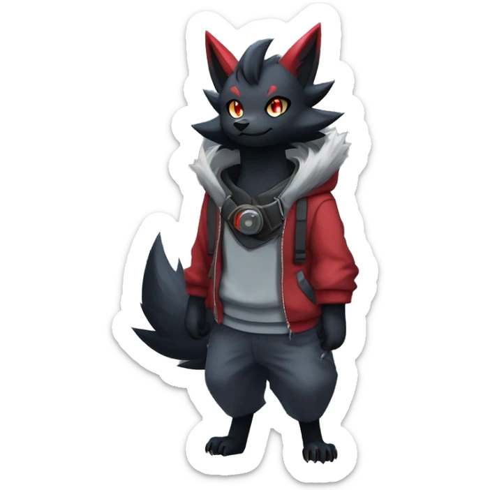 Cool Edgy Zorua-Zoroark-Mightyena with a collar and hoodie-sweater and harness on, full body sticker