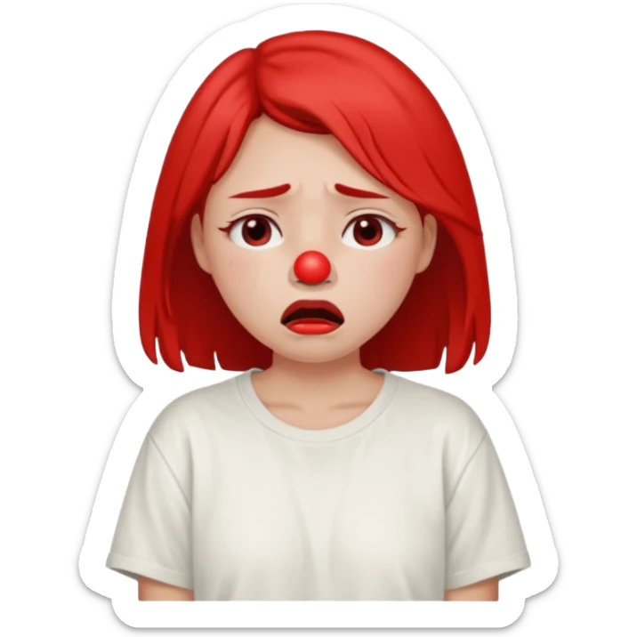 a pretty bratz fair girl crying with a red nose from crying in a loose oversized off white tshirt  sticker