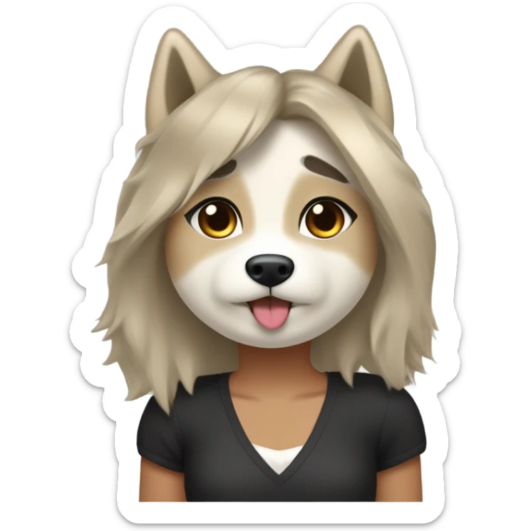Husky beige doré à côté une fille aux cheveux noirs qui lui fait un bisou sur la joue sticker