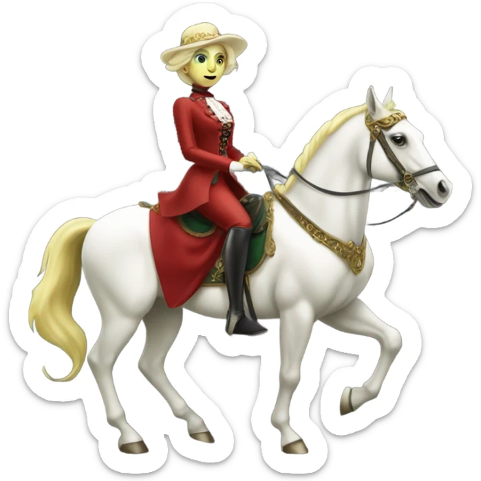 "galora green blonde alien woman" in red Victorian elegant dress, full body, rides horse gold and white
 sticker