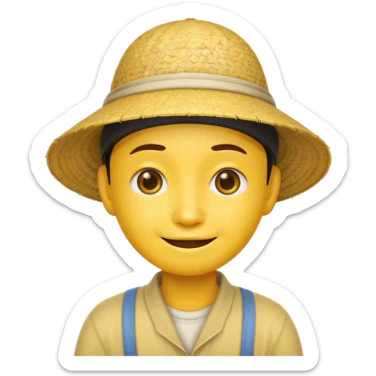 Yellow emoji smiley face with stereotypical Chinese facial features and rice farmer hat. Eyes very narrow sticker