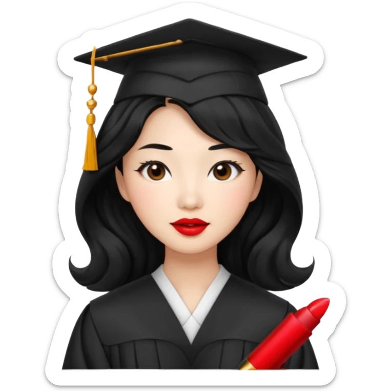 Graduate asian black hair with wavy hair long  with red stash  sticker