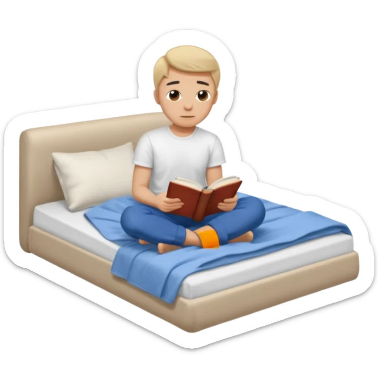 bed with a wrinkled blanket, the pillow out of place on the floor. t-shirt, pants, and an open book on the floor. sticker