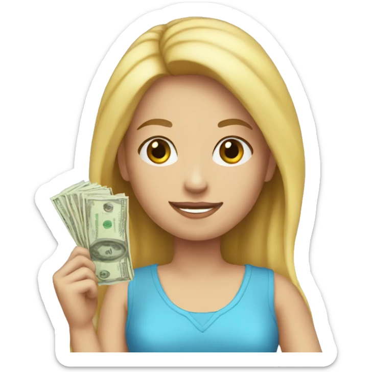 A blonde girl in a blue dress holding money sticker