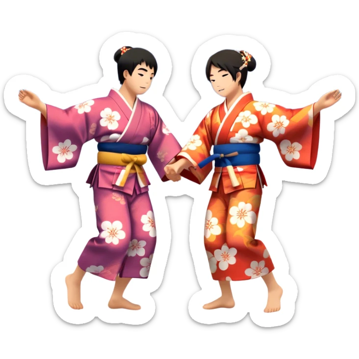 Cinematic Realistic scene of two performers engaging in Bon Odori, dressed in traditional yukata with intricate summer patterns, captured in graceful, rhythmic motion with warm, festive lighting sticker