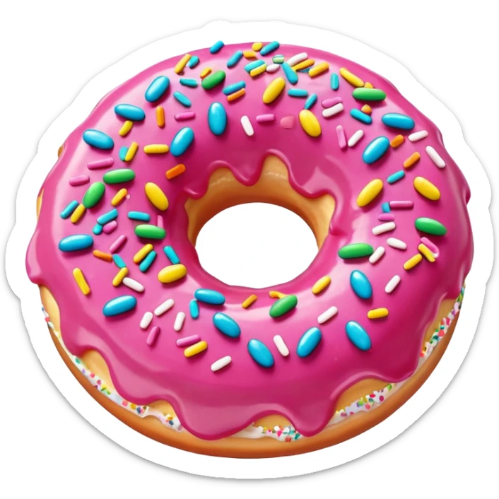 playful donut with pink icing and lots of colorful sprinkles, emoji style sticker