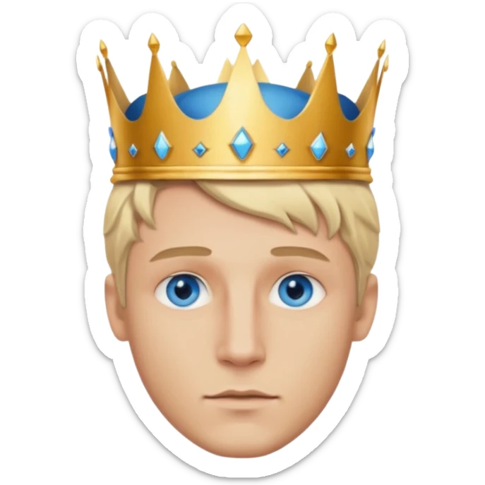 Man with blue eyes, blonde hair, and defined jawline wearing king crown sticker