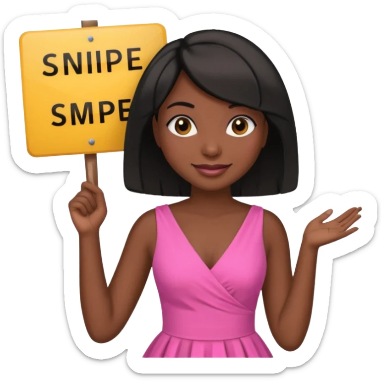 Dark skin woman with black bob in hair holding sign that says snipe  wearing pink dress  sticker