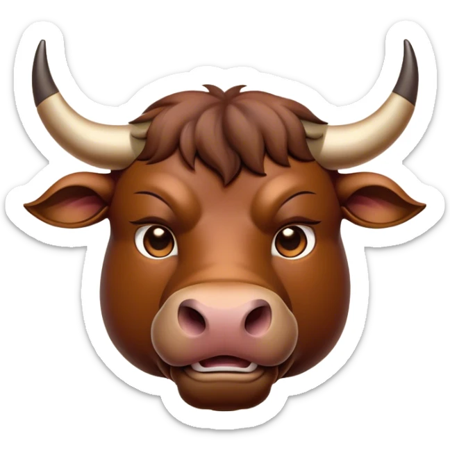 Cinematic Noble Brown Bull Portrait Emoji, Poised and regal, with a massive, muscular build and a sleek, well-groomed rich brown hide, deep-set soulful dark eyes, Simplified yet sharp and sophisticated features, highly detailed, glowing with a soft, dignified glow, high shine, intelligent and formidable, stylized with an air of strength, focused and attentive, soft glowing outline, capturing the essence of a watchful and confident guardian, so majestic it feels as though it could charge out of the screen with effortless authority! sticker