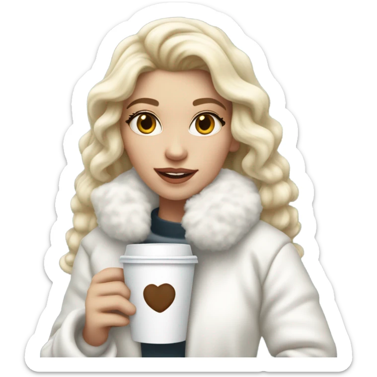 pretty blonde girl wearing white fluffy jacket and a coffee to go in hand all dress white and a white bow on hair sticker