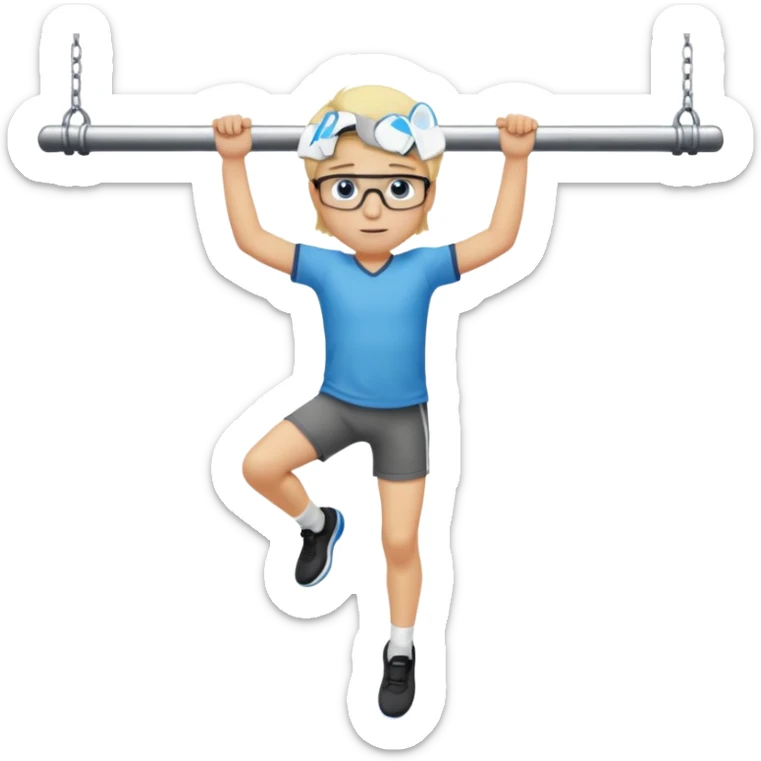 Wygeneruj mi emotke ubranego chłopaka i pokaż go od stóp do głów o włosach blond z niebieskimi oczami w okularach, który wisi na drążku sticker