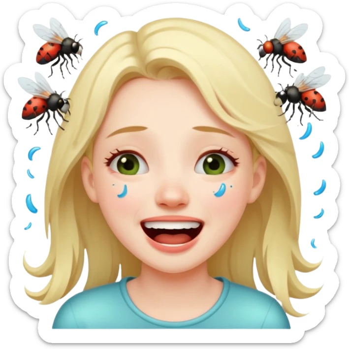 Caca fille qui pu et pleure de rire avec des mouches autour sticker