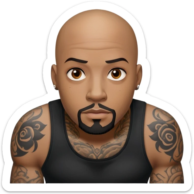 đàn ông 30 tuổi, da đen, đầu trọc, râu quai nón đen, có hình xăm trên mặt, áo đen, mặt nghiêm túc sticker