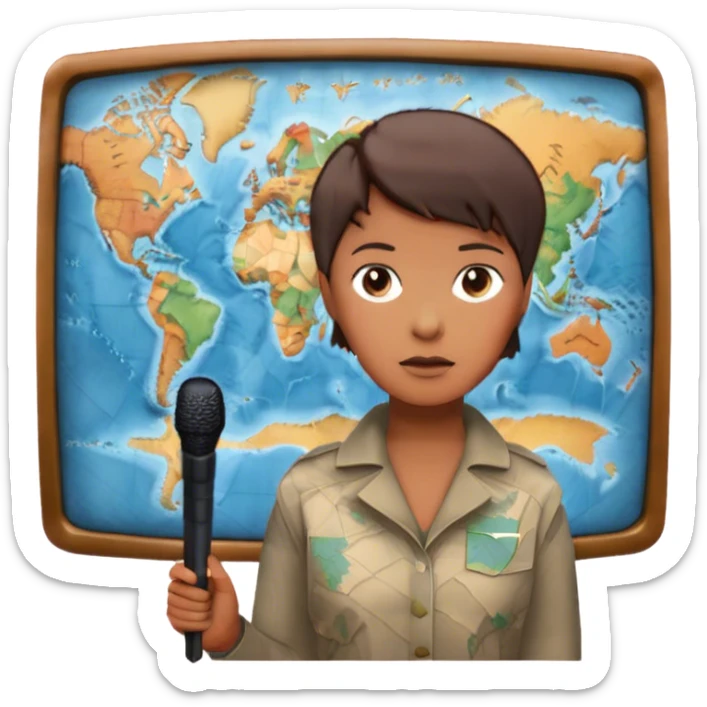 Icon for Documentary Film (TV style): A large TV screen with a serious-looking host standing in front of a map. The host holds a microphone, and the map displays historical or geographical information. Retro TV broadcast style. Transparent background. sticker