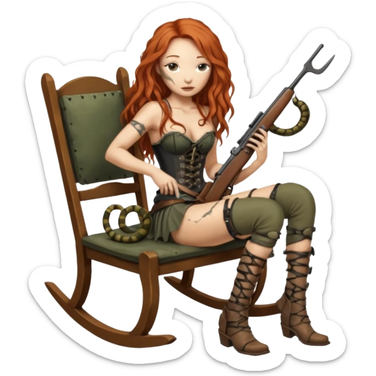 solarpunk ultra HD skinny Tori Amos casually crouches on a rocking chair in a torn corset, holding a lintlock rifle and with muddy feet. a bronze snake wrapped itself around the chair sticker