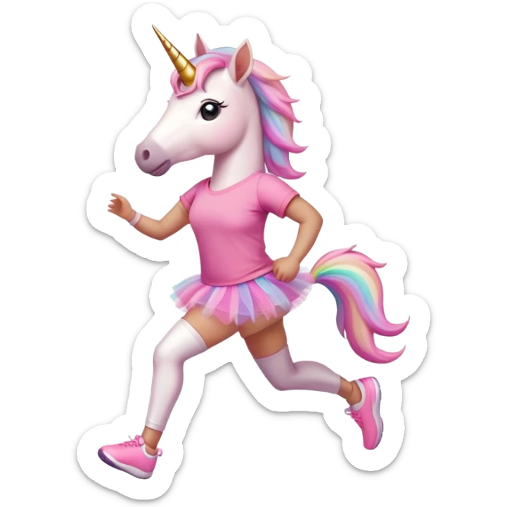 anthropomorphised female unicorn in tutu and pink t-shirt jogging upright relaxed pose sticker