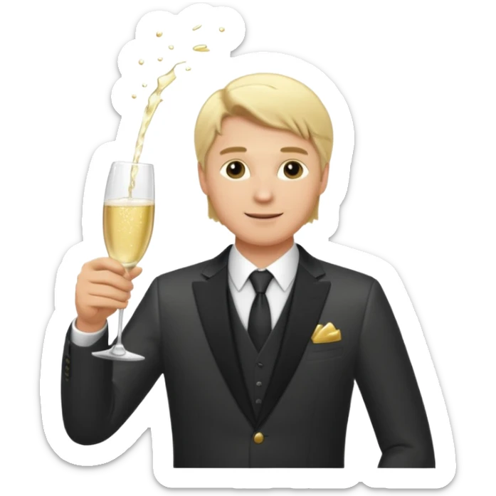 strong wealthy smart opulent white man with blonde hair, healthy, well-suited, pouring a glass of champagne, apple style emoji sticker