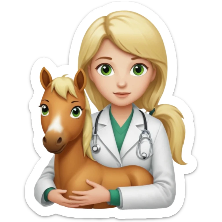 A young woman with green eyes and blonde hair, a veterinarian, with a caramel-colored pony in her lap. sticker