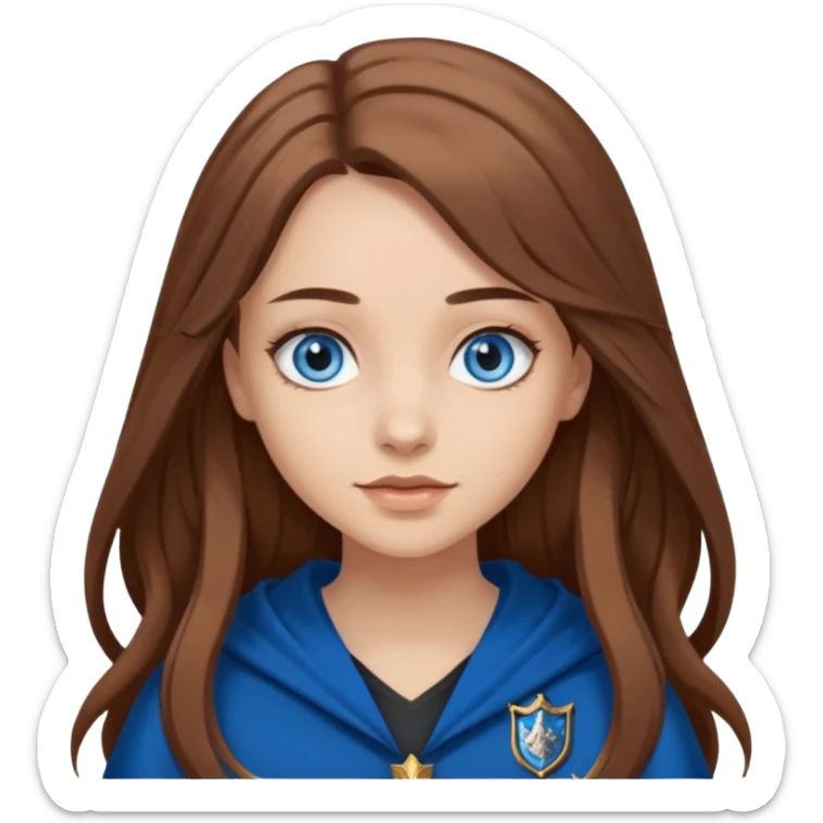 gorgeous Girl with light skin, blue eyes, long brown hair, wears a ravenclaw outfit sticker