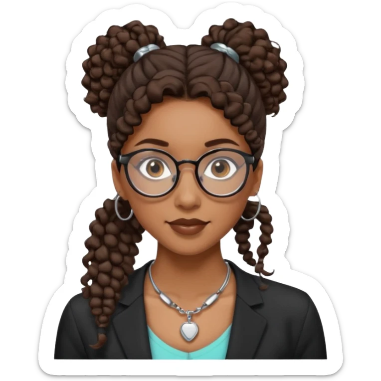 chica morena de ojos claros con gafas negras exagonales redondeadas. y pelo rizado castaño con todo el pelo recogido en una coleta . y un collar de plata . Con todo el pelo recogido un clen look sticker