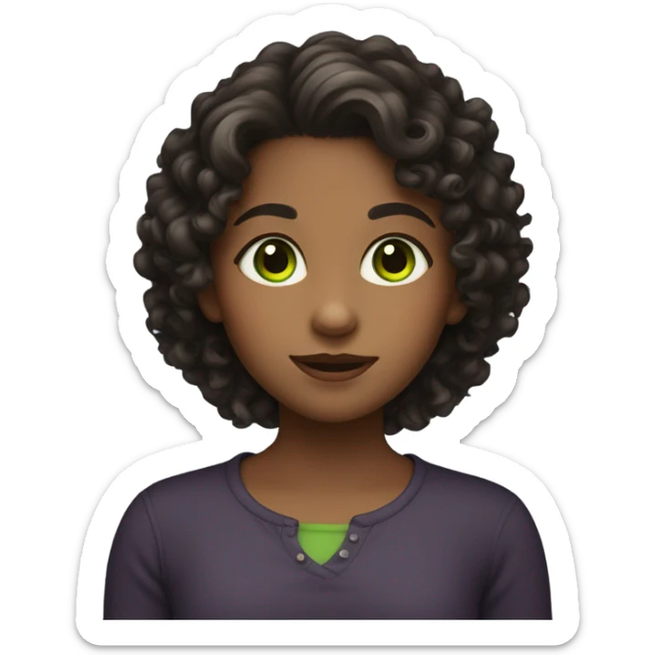 girl with a dark curly not long but not short hair. She has a green eyes and cute face  sticker