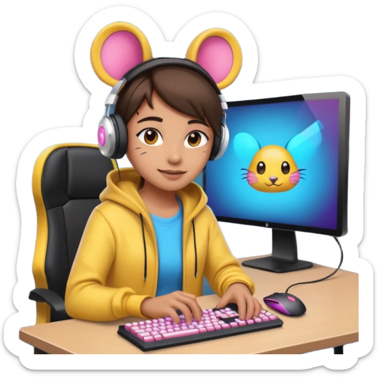 Real emoji gamer. Lighting in front of him, gaming screen wearing gaming headphones and eraser with gaming mouse and keyboard full of LEDs and beautiful clothes  sticker