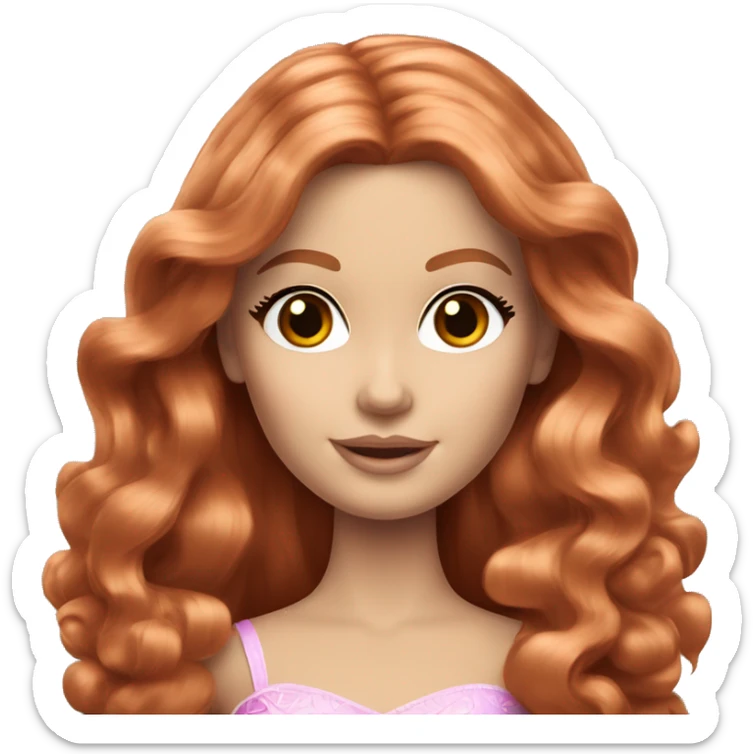 Caucasian Barbie princess with brown eyes and big long wavy red hair sticker
