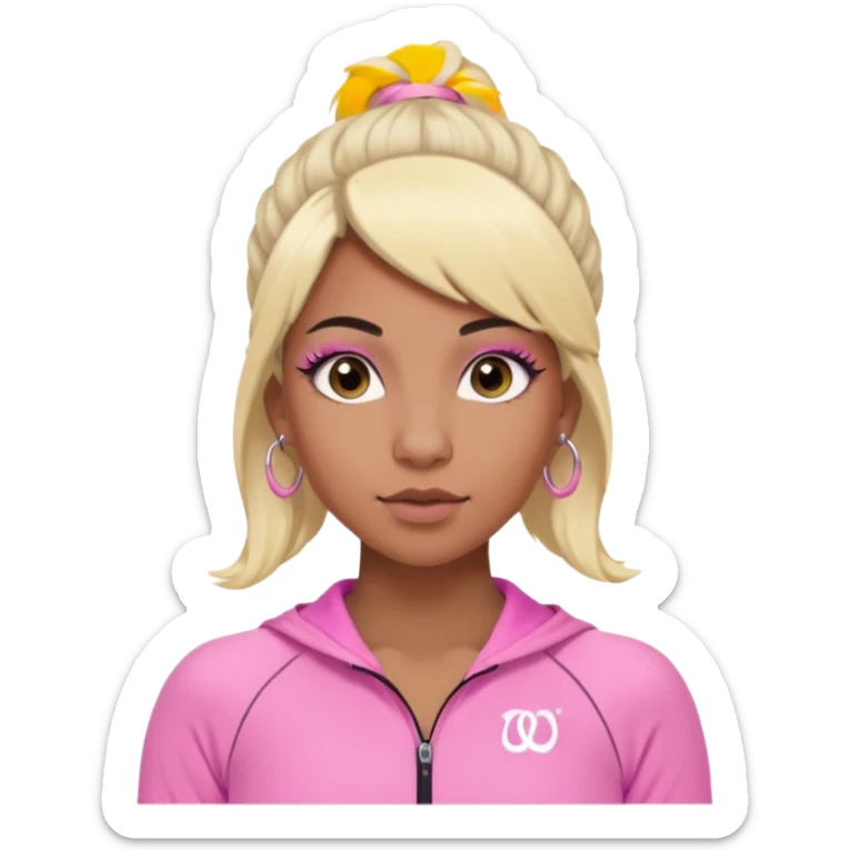 crée moi une jeune adulte brownskin au yeux brider marron foncer et une perruque blonde avec des baby hairs , un ensemble lululemone rose percing au nez et les oreilles remplis un petit full face de londonniennes des gros faux cils bien charger  sticker