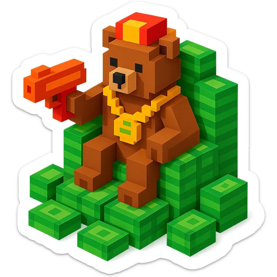 Russian grizzly bear with a rapper chain and a money gun, sitting on a throne of cash sticker