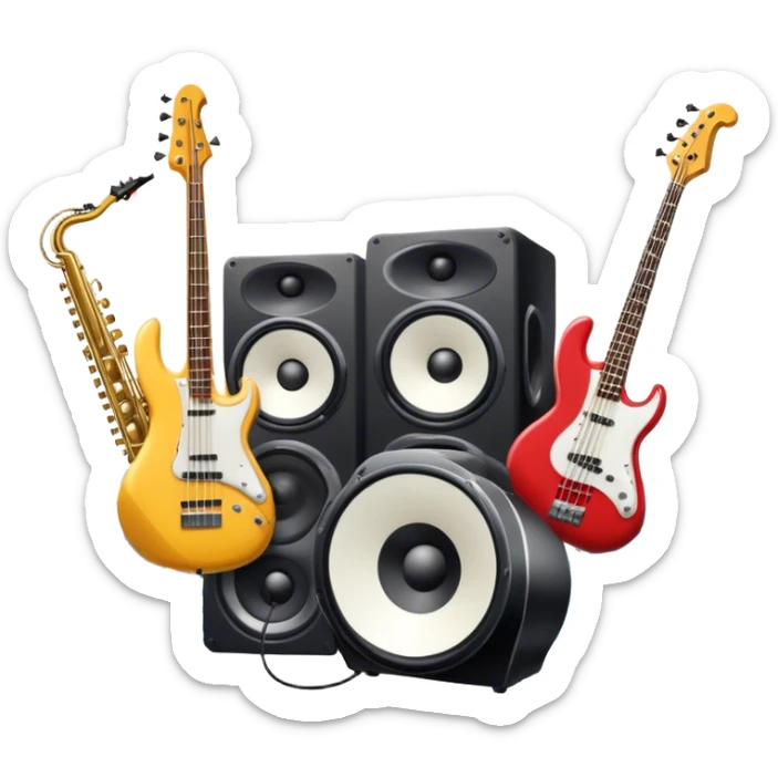 Icon for R&B Music Listening: large concert speakers and headphones with waves of musical notes coming out, along with a bass guitar, drum kit, and synthesizer, saxophone. The icon should convey the energetic and rhythmic vibe of R&B music. Transparent background. sticker