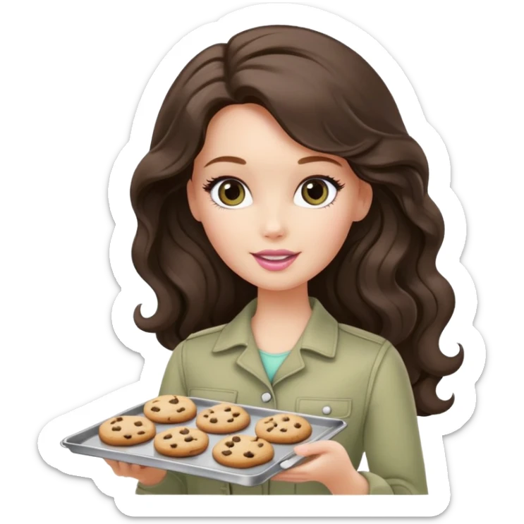 A white Barbie girl with long dark brown wave hair in a pale olive clothes holds a Baking tray with cookies sticker