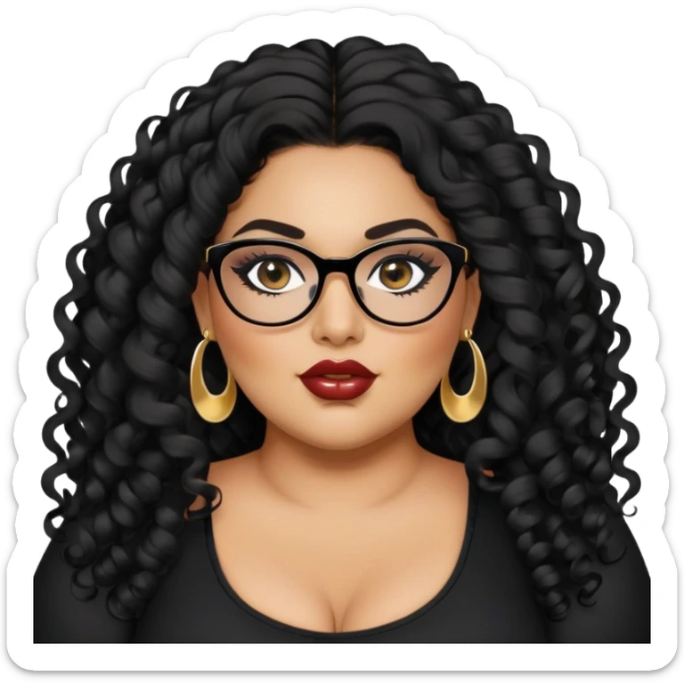 big plus size, latina, darker tan skin, long black curly hair, baddie,pretty, makeup, lipgloss, black eyeliner, long hair, small gold earrings, black top, black glasses sticker