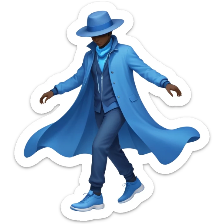 Male silhouette composed of blue ethereal flowing energy with minimal floating wardrobe pieces like hat, jacket and shoes orbiting around it, no facial features sticker