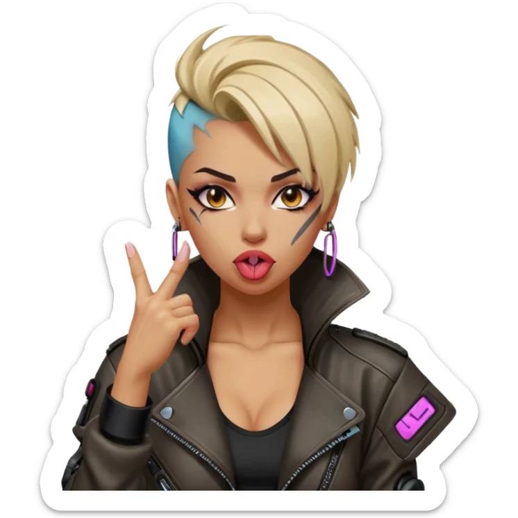 Woman with her tongue out in cyberpunk clothing and giving the middle finger. Looking naughty. sticker