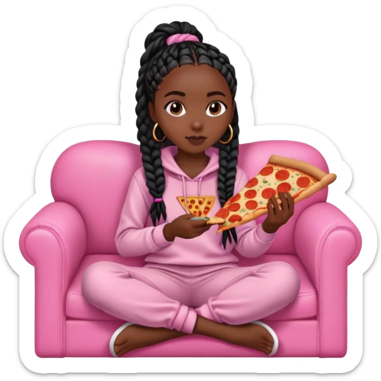 A dark skinned black girl with black box braids eating pizza, on a pink couch in comfy outfit sticker