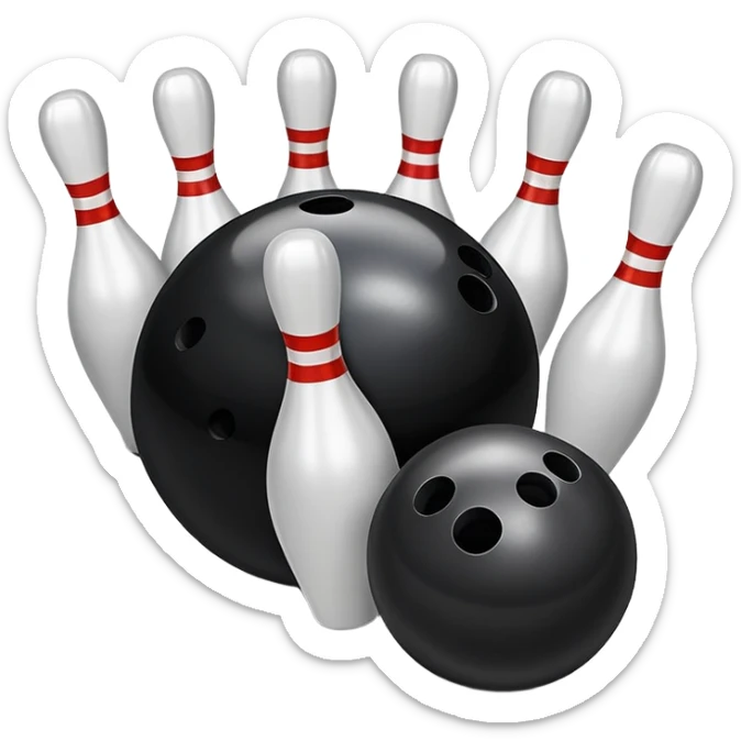 A bowling ball rolling down the lane towards a set of pins, with the pins poised to fall. The scene is set in a bowling alley with bright lights and a polished wooden floor, capturing the excitement and precision of the sport. sticker